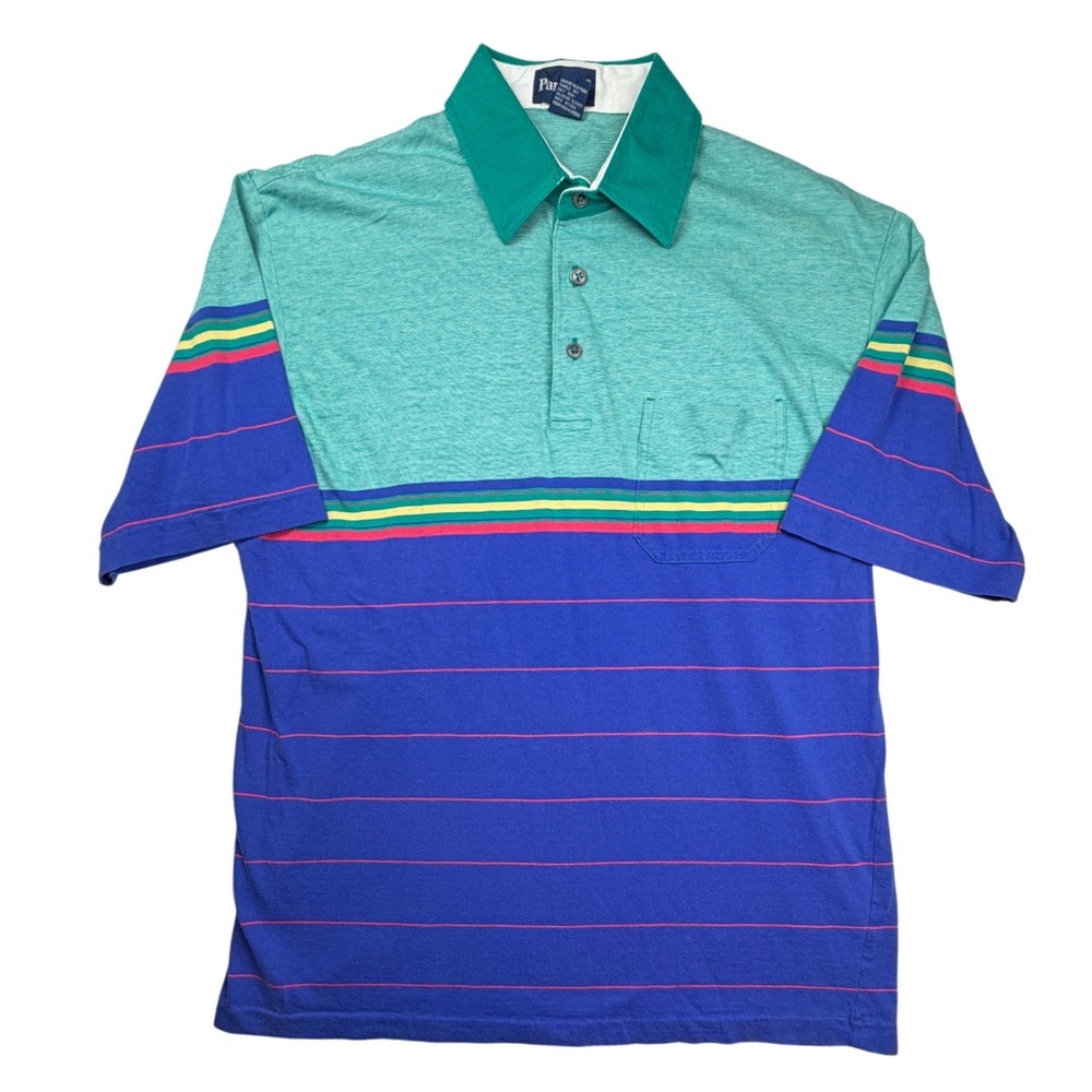 Vintage Par Four Mens Striped Polo Shirt Medium Blue Teal Retro 90s Cotton